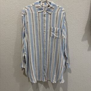 CP Shades Linen Button Front Shirt Women Large Blue Brown Striped Long Sleeve